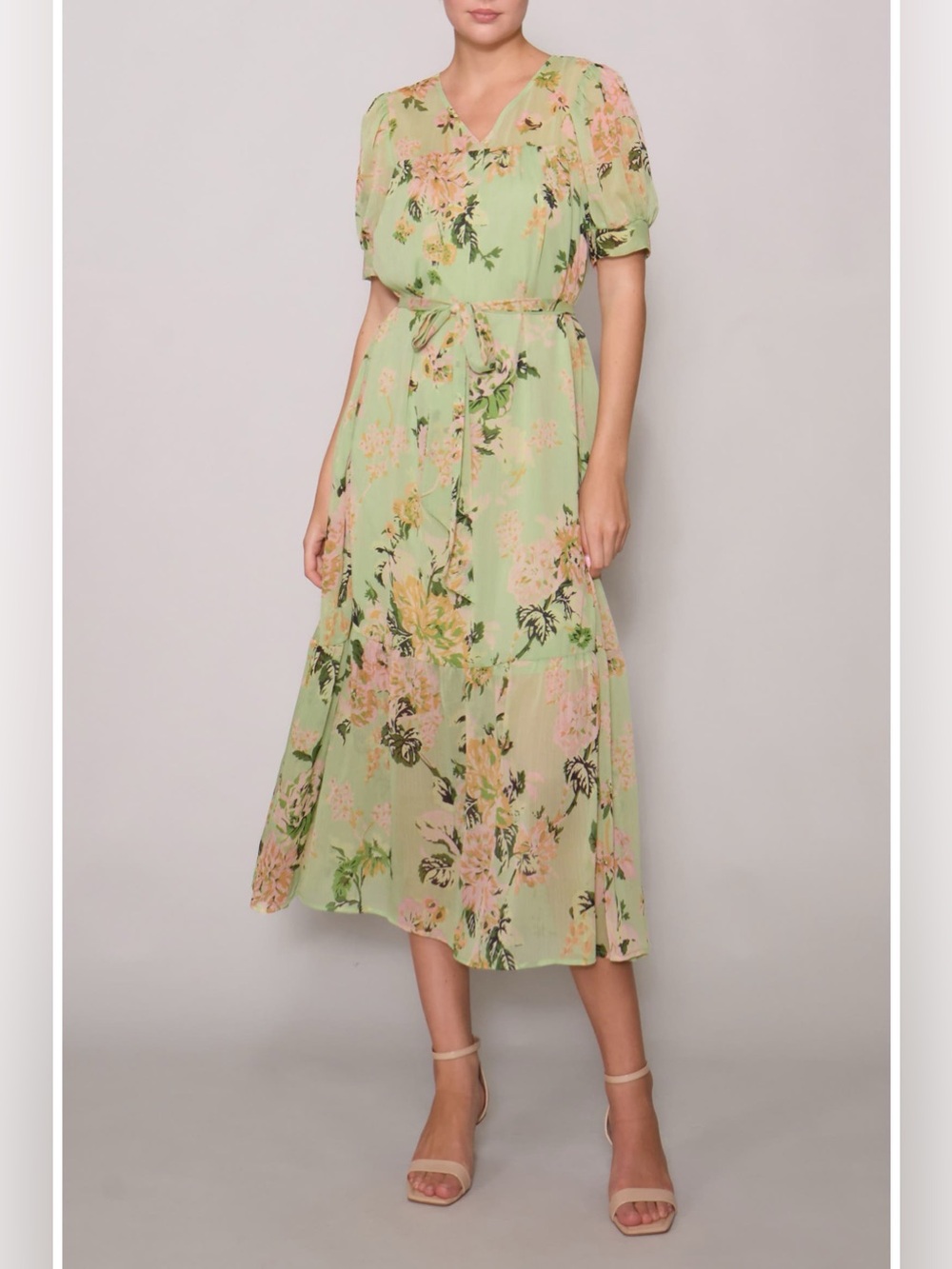 MELLODAY Mint Green Floral Midi Dress with Pink & Yellow Blooms